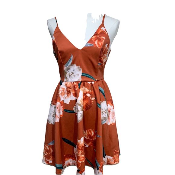 TRAC Rust Orange Floral Spaghetti Strap Fit & Flare Mini Dress Size Small - Picture 1 of 10